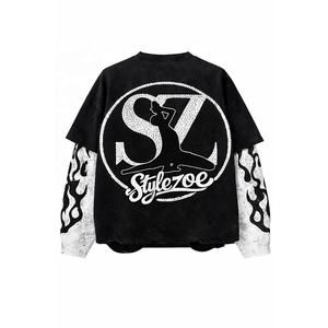 Pulls en maille personnalisés OEM, marque personnalisée, pull d'hiver ample, patch en strass, délavé au soleil, double couche, impression sur écran, lavage à l'acide - Product Image 2