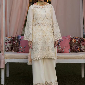 Robe de soirée de luxe pour pelouse USA Pakistanaise Prêt à porter Été pour les femmes Dentelle à manches longues au genou conçue par un designer pakistanais - Product Image 1