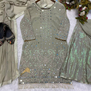 Designer vert olive Georgette Sharara Suit Heavy Sequence Work Vêtements ethniques pour les fêtes, les mariages et les occasions festives - Product Image 1