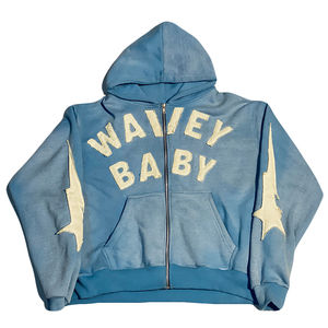 Venta al por mayor de los hombres de peso pesado 500gsm Zip Hoodie Vintage lavado desgastado bordado térmico 100% algodón para el otoño Sun Faded - Product Image 1