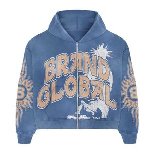 เสื้อฮู้ดผ้าสำหรับผู้ชายเสื้อฮู้ดผ้าซักกรดซักแบบวินเทจโอเวอร์ไซส์แบบรูดซิปตัดเย็บ - Product Image 6