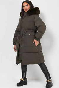 Premium Khaki <b>Women</b> Long Quilted Puffer <b>Coat</b> with Faux Fur Hood, Drawstring Waist, Full Zip <b>Winter</b> Jacket Warm and Stylish - Product Image 4