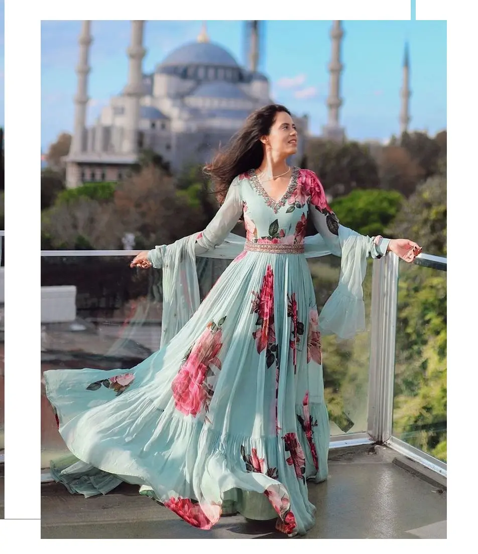 Kadın çiçek elbise Casual v boyun kurti top elbisesi tasarımcı hint bayanlar festivali parti giyim maxi stil özelleştirilmiş elbisesi