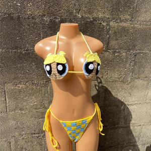 Ensemble deux pièces en coton tricoté au crochet personnalisable, nouveau maillot de bain bikini string sexy fait main avec logo à la taille pour femme - Product Image 1