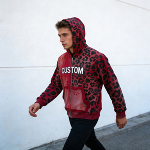 Sudadera con capucha para hombre, color borgoña, con estampado de leopardo, efecto desgastado, tie-dye, de algodón, con cremallera, logotipo personalizado, estilo oversize, cómoda y casual. - Product Image 4
