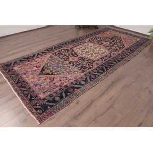 Alfombra de 5x11.1 pies, Alfombra Turca, Alfombra Vintage de Lana Azul con Plantas y Árboles - Product Image 2