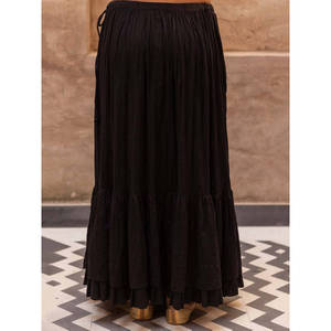 <b>Women's</b> <b>Black</b> Leopard Print Elastic Waist <b>Pleated</b> Floor-Length Ball Gown Bohemian Style Viscose Chiffon <b>Skirt</b> with Drawstring - Product Image 3