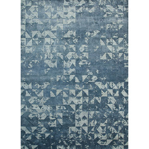 Tapis Kavi bleu noué à la main en laine et soie de bambou, motif géométrique, référence Esk-680, pour usage domestique - Product Image 1