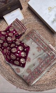 Magnifique tissu en organza de soie blanc doux, broderie en velours, travail de zari, très vendu pour les vêtements de mariage sur la plage pour femmes - Product Image 3