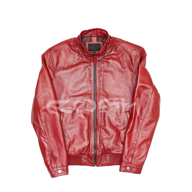 Red Genuine Leather Jacket with Detachable Hood Front Zip Up Versatile Bomber/Biker Style Premium Quality Outerwear