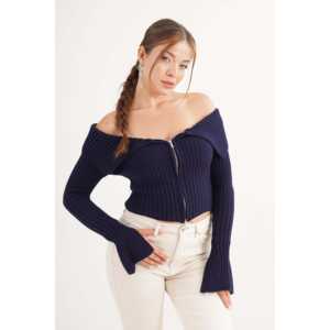 Blouse en tricot bleu marine avec fermeture éclair intégrale et col, style Madonna, design décontracté, vente en gros - Product Image 2