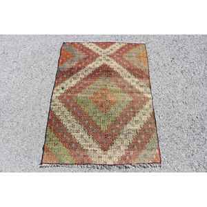 Alfombra Turca Vintage de 2.6x3.8 pies, Alfombra Pequeña, Alfombra de Lana Roja Kilim - Product Image 1