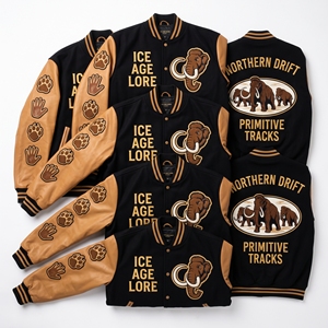 Blouson universitaire en gros, corps en laine noire, manches en cuir marron, broderie Woolly Mammoth, style baseball - Product Image 1