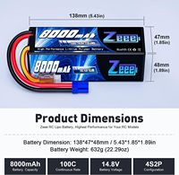 Zeee 4S Lipo Batterie 8000mAh 14.8V 100C avec connecteur EC5 Boîtier rigide RC Batterie pour voiture camion réservoir RC Buggy Truggy Racing Hobby