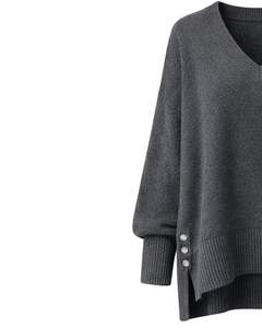 Customized Charcoal Grey <b>Womens</b> <b>Oversized</b> Knit Sweater V Neck Button Side Slit Soft Winter Pullover Casual Loose Fit Top - Product Image 3