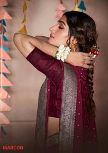 โรงงาน AG EXPORT ผลิตและจำหน่ายผ้าส่าหรีโพลีเอสเตอร์พร้อมส่ง มีลวดลายพู่ห้อยและประดับมุก เหมาะสำหรับงานแต่งงานและชุดเจ้าสาว - Product Image 2