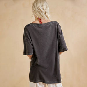 Camiseta de cuello ancho lavado ácido de gran tamaño para mujer 100% algodón hombro caído ropa de calle pesada Grunge Vintage camiseta de moda urbana - Product Image 3