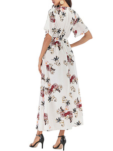 Robe d'été trapèze mi-longue en mousseline florale, sexy et accrocheuse, avec fente, manches courtes, col en V et ceinture à la taille – Collection 2025 – Offre Spéciale - Product Image 3