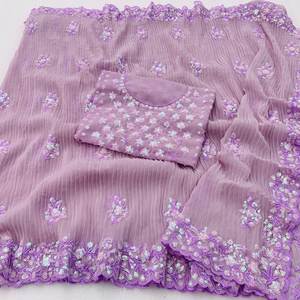 Saree georgette pakistanaise de créateur avec une belle séquence de travail Bordure en dentelle Festival Tenue de mariage pour la fête - Product Image 6