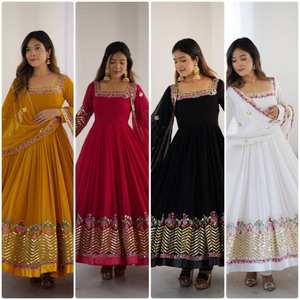 ชุดส่าหรีแบบสามชิ้น ผ้าจอร์เจตต์เนื้อหนัก ปักลายหรูหรา แบบกลับด้านได้ พร้อมเสื้อคลุมและกางเกง - Product Image 2