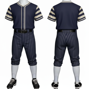 ชุดยูนิฟอร์มเบสบอลสีกรมท่าและสีครีมขายดีที่สุด เสื้อเจอร์ซีย์ติดกระดุมเต็มตัวพร้อมแถบตกแต่งที่แขนเสื้อและกางเกงลายทางพิมพ์ลายแบบซับลิเมชั่น - Product Image 1