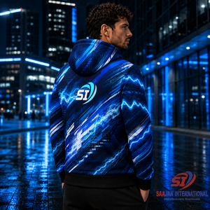 เสื้อฮู้ดกีฬาแบบสั่งทำพิเศษ ซิปเต็มตัว พิมพ์ลายคลื่นไฟฟ้าแบบ Sublimation ทั้งตัว รับทำโลโก้ OEM ขายส่ง เสื้อผ้ากีฬาแนวสตรีท - Product Image 6