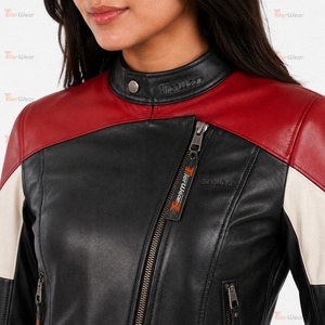 Chaqueta de Motociclista de Cuero Genuino para Mujer TiierWear, Diseño Color Block Negro, Rojo y Blanco, Cierre de Cremallera, Cuello Alto, Estilo Otoñal - Product Image 6