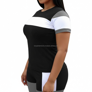 ชุดเซ็ตเสื้อยืดแขนสั้นสีดำขาวแบบบล็อกสี และกางเกงขาสั้นเอวสูงทรงสกินนี่สำหรับออกกำลังกายสำหรับผู้หญิง รับผลิตตามแบบ OEM - Product Image 5