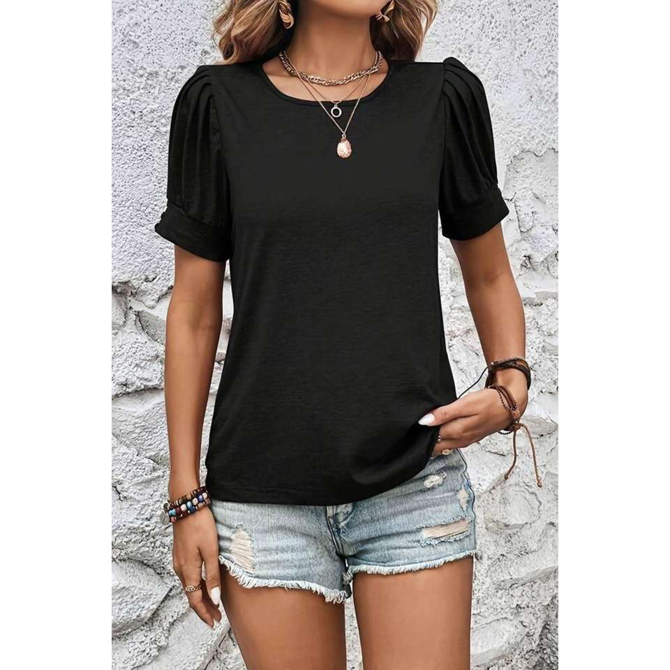 Short Sleeve Crew Neck Sleeve Detail Viscose Blouse Gray