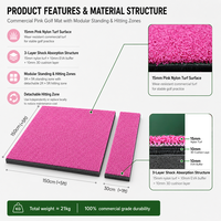 Tapis de frappe de golf modulaire rose en nylon pour simulateur de golf, zone de frappe détachable