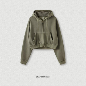 Tops cortos térmicos gruesos de lana con logotipo personalizado de lavado ácido Retro, sudadera con capucha, Tops cortos con cremallera doble, sudaderas con cremallera de gran tamaño Vintage para mujer - Product Image 4