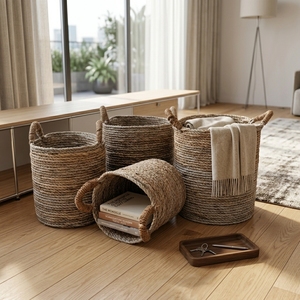 Ensemble de paniers de rangement en écorce de bananier naturelle, cylindres horizontaux tressés avec poignée en arche, pot de fleurs, décoration artistique pure pour la maison - Product Image 5