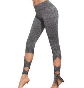 Shemax <b>Cropped</b> Tie <b>Leggings</b> in Grey Marled Knitted Fabric Breathable Mid Waist Design - Product Image 1