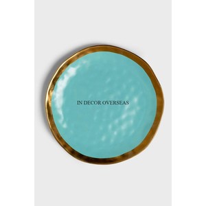 Revêtement en poudre de couleur verte avec bords plaqués or Grand plateau de service à texture martelée en métal de forme ronde design - Product Image 2