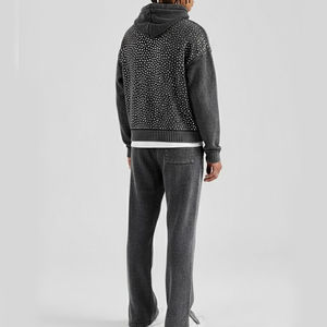 Service OEM – Survêtement d'hiver streetwear coupe classique avec strass sur toute la surface, sweat à capuche et pantalon de jogging décontractés pour homme, 100 % coton - Product Image 2