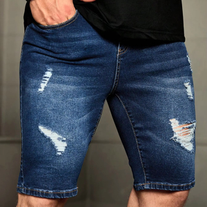 กางเกงขาสั้นผู้ชายสีน้ำเงินเข้มเข้ารูปคุณภาพสูงผ้าเดนิมผ้าฝ้าย100% สไตล์ฮิปฮอปเอวยางยืดรัดรูปมีรูขาดรายละเอียดพู่ - Product Image 2