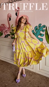 ชุดเดรสผ้าฝ้ายพิมพ์ลายดอกไม้สไตล์อินเดีย  แบบยั่งยืน ซักได้ ความยาวระดับเข่า เหมาะสำหรับงานปาร์ตี้ งานแต่งงาน/ฮันนีมูน  สำหรับผู้หญิง - Product Image 3