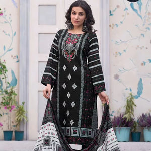 Juego de Shalwar Kameez en blanco y negro con bordado automático de césped de lujo con parte inferior semicésped y Dupatta de gasa - Product Image 1