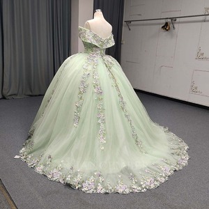 ANY186 Beautiful Sweetheart <b>Lace</b> <b>Green</b> Appliqued Flower Ball Gown Evening Party Women's Dress Beading Crystal Natural Waistline - Product Image 3