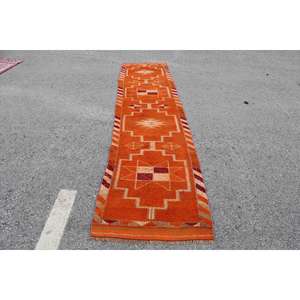 2.6x11.5 ft Vintage Rug, Turkish <b>Runner</b> Rug, Orange <b>Red</b> Check Wool Rug - Product Image 1