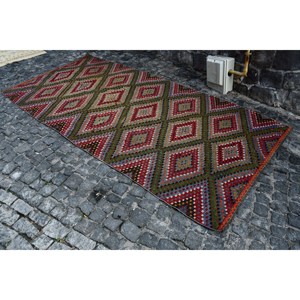 Alfombra Turca Kilim Roja Ecológica Tradicional de 5.2x10.4 pies, Alfombra Grande de Tejido Plano con Respaldo de Látex y Lana, Diseño de Patchwork para Comedor, Alfombra de 9x12 - Product Image 2