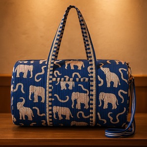 กระเป๋าผ้าฝ้ายสีน้ำเงินทำมือกระเป๋าทรงดัฟเฟิลกระเป๋าปิดซิปความจุขนาดใหญ่ทนทานดีไซน์ลายดอกไม้สีเหลืองหรูหราสำหรับการเดินทางกลางแจ้ง - Product Image 2