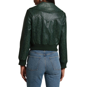 เสื้อแจ็คเก็ตหนังแท้คลาสสิกสําหรับผู้หญิง ฝาปิดซิปด้านหน้าพร้อมแผ่นรองพุกพายุข้อมือยางและขอบ - Product Image 4