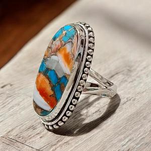 Oval Spiny Oyster Copper <b>Turquoise</b> <b>Ring</b> 925 Sterling Silver Handmade Boho Gift Jewelry for Women - Product Image 2