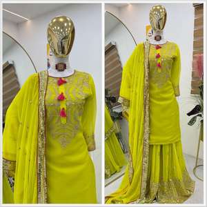 Heavy Wedding Wear Faux Georgette Coding Sequence Bordado Work Top y Palazzo con Dupatta Designer Última colección - Product Image 5