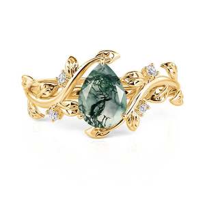Anillo Romántico de Plata 925 Chapado en Oro de 18K para Mujer con Ágata Musgo Corte Pera y Detalles de Diamantes, Diseño de Planta para Uso Diario - Product Image 1