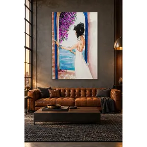 Fida Woman in White Dress Looking at the Sea from a Bougainvillea Window <b>Canvas</b> Print - Product Image 3