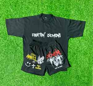 Ensemble short et t-shirt surdimensionné en coton à encolure en O et short pour hommes, vêtements de ville d'été à motif uni et à blocs de couleurs, prix de gros - Product Image 2