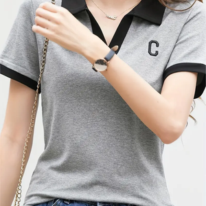 เสื้อยืดผู้หญิงปักแบบสั่งทำเสื้อออกกำลังกายคอกลมแขนผ้าฝ้ายถักแบบลำลอง - Product Image 2