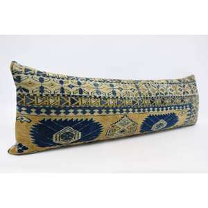Oreiller bohème à motifs vintage 16x48 pouces bleu laine Kantha tissé technique - Product Image 3